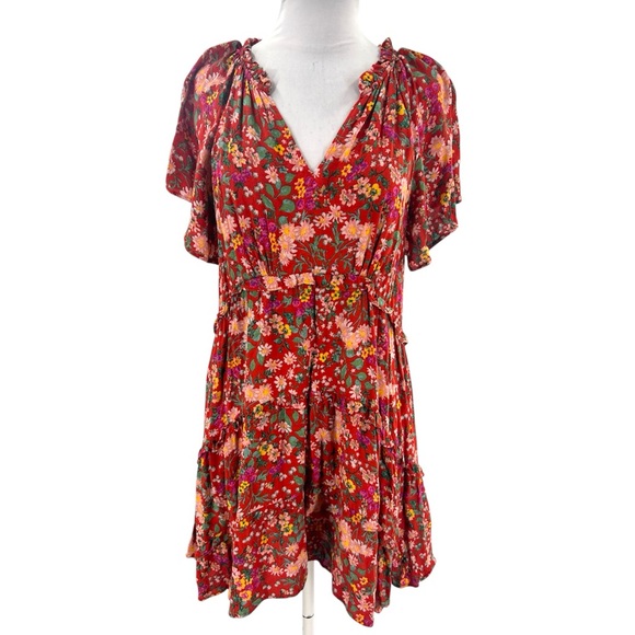 By Anthropologie Robin Tiered Mini Dress red floral sz M - Picture 2 of 7
